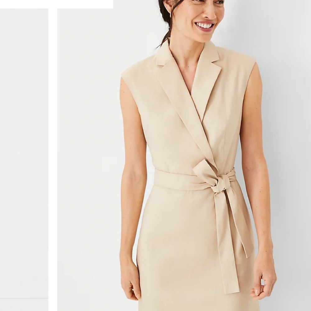 Ann Taylor The Notched Collar Tie Waist Dress in Herringbone Linen Blend
